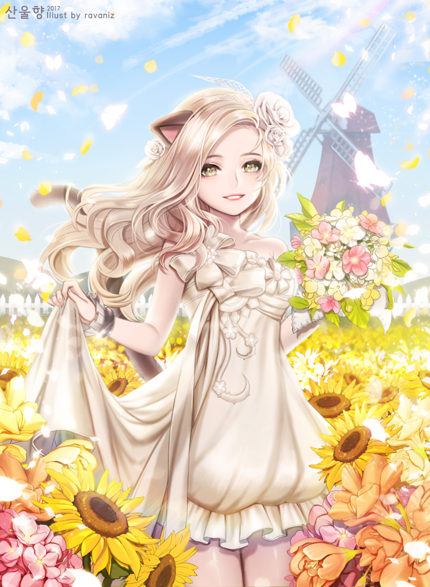 1girl animal_ears blade_&amp;_soul blonde_hair bouquet cat_ears cat_tail day dress field flower flower_field frills hair_flower hair_ornament highres long_hair looking_at_viewer outdoors parted_lips petals ravaniz rose smile solo strapless strapless_dress sunflower tail wavy_hair white_dress white_rose wind windmill yellow_eyes