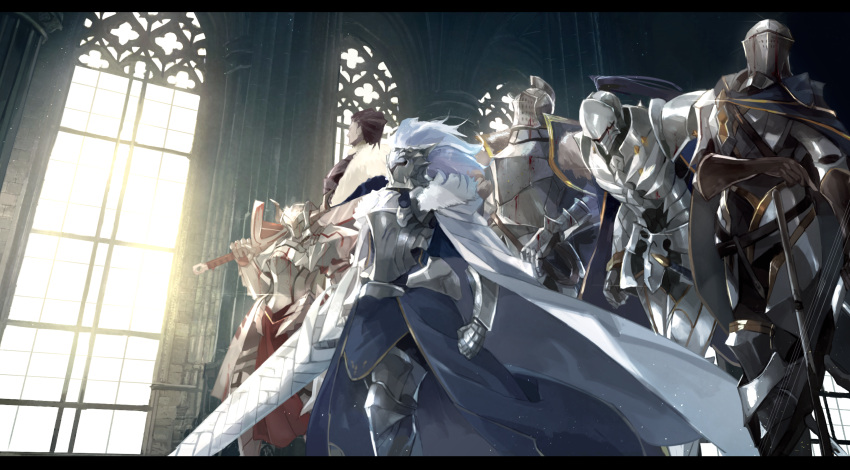 2girls 3boys absurdres agravain_(fate/grand_order) armor artoria_pendragon_lancer_(fate/grand_order) blood cape commentary_request fate/grand_order fate_(series) full_armor gawain_(fate/extra) highres holding holding_sword holding_weapon indoors knights_of_the_round_table_(fate) lance lancelot_(fate/grand_order) letterboxed mono_(jdaj) multiple_boys multiple_girls polearm revision saber saber_of_red sword tristan_(fate/grand_order) weapon window