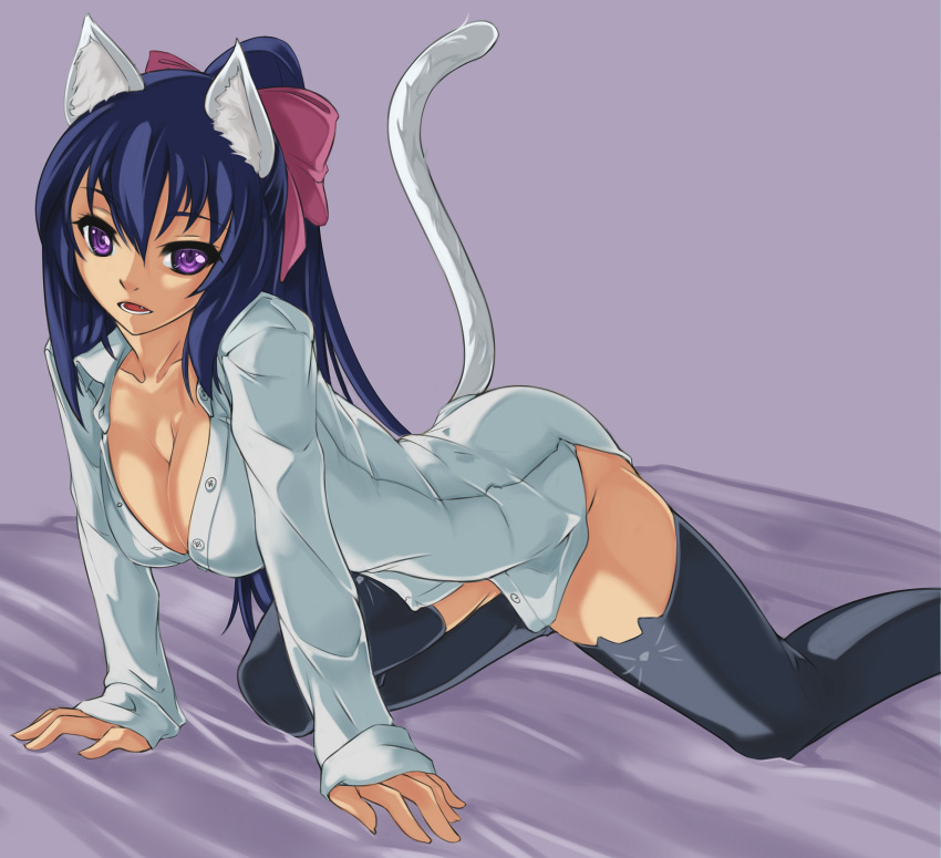 1girl all_fours animal_ears black_legwear blue_hair bow breasts cat_band_legwear cat_ears cat_tail cleavage fang hair_bow highres long_hair lunaismaiwaifu medium_breasts noihara_himari omamori_himari open_clothes open_mouth open_shirt ponytail shirt solo tail thigh-highs violet_eyes white_shirt