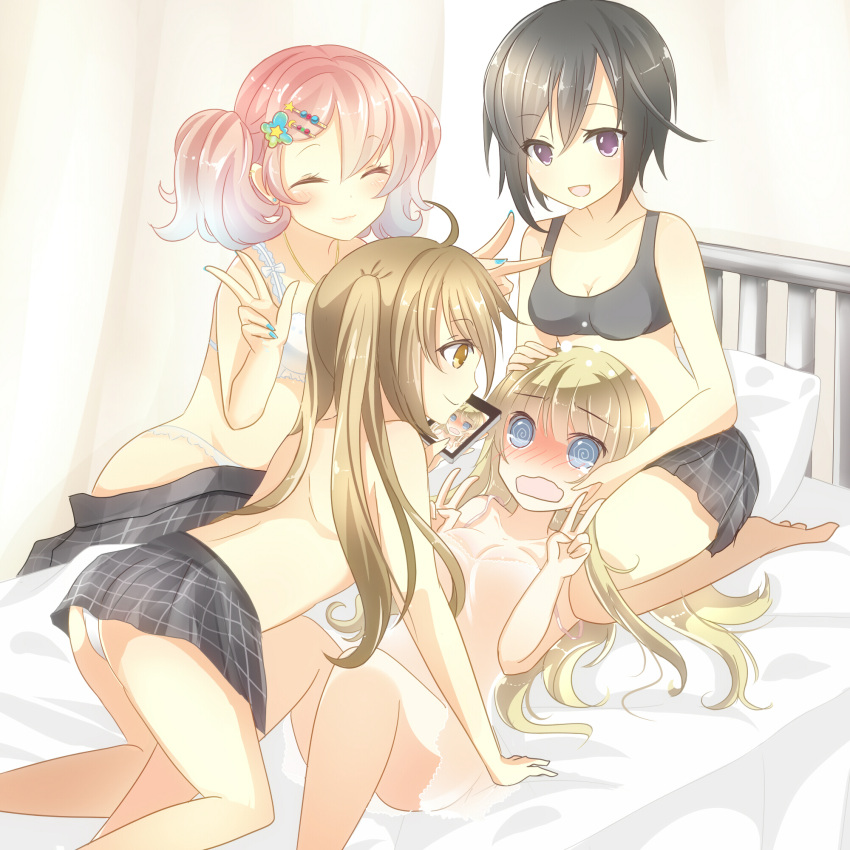 4girls @_@ ahoge black_hair black_skirt blonde_hair blue_eyes blue_nails blush bra breasts cellphone cleavage closed_eyes closed_mouth collarbone embarrassed eyebrows_visible_through_hair girl_on_top hair_ornament hands_on_another's_head highres long_hair medium_breasts multiple_girls nail_polish on_bed open_mouth original panties phone pillow pink_hair rojiura-cat short_hair sitting skirt smartphone smile sports_bra topless twintails underwear v violet_eyes wariza wavy_mouth white_bra white_panties yellow_eyes yuri