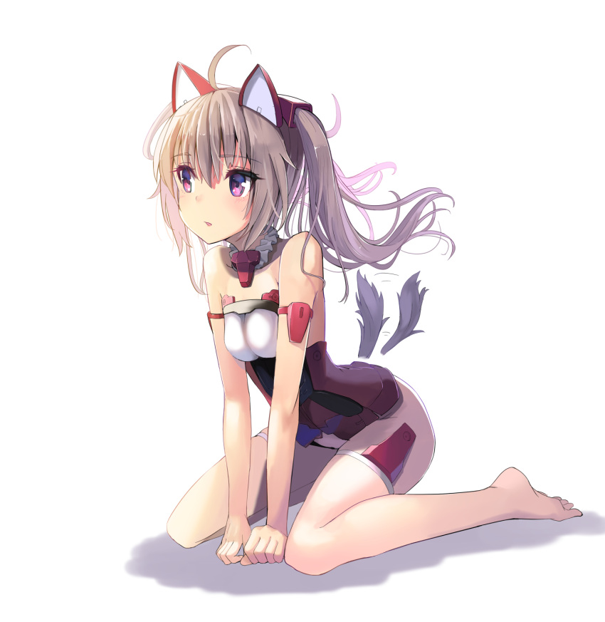1girl ahoge animal_ears arm_support bangs bare_arms bare_legs bare_shoulders barefoot blonde_hair breasts cat_ears detached_collar eyebrows_visible_through_hair fake_animal_ears frame_arms_girl full_body headgear highres innocentia leaning_forward long_hair long_image motion_lines parted_lips shadow simple_background sitting small_breasts solo sunga2usagi tall_image twintails violet_eyes wariza white_background