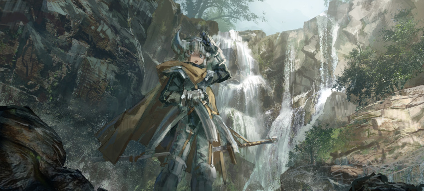 1girl absurdres armor blue_eyes fake_horns fang highres july_(shichigatsu) looking_at_viewer open_mouth original scenery solo tree water waterfall