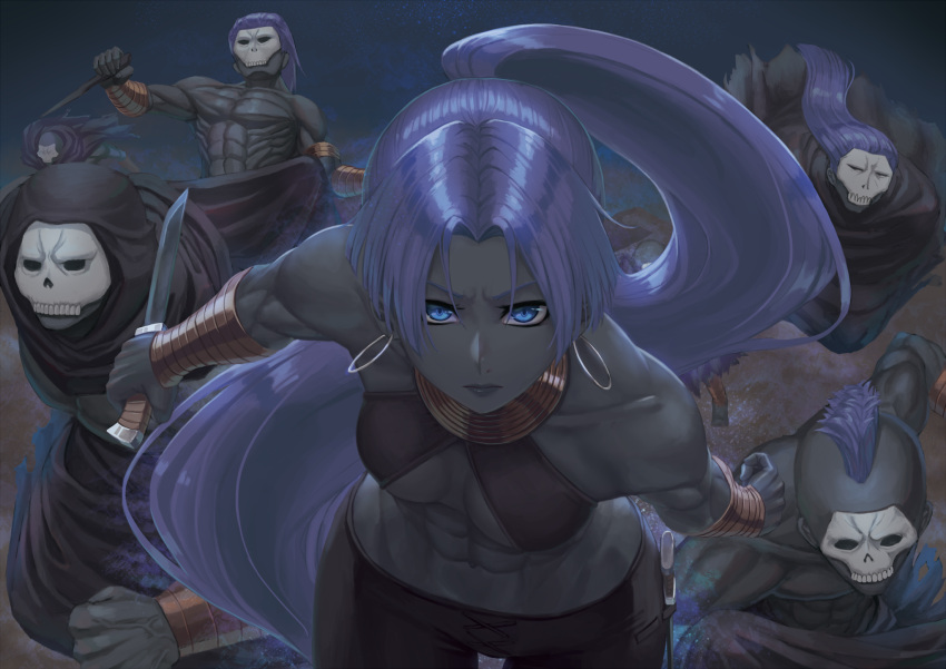 abs arm_guards assassin_(fate/zero) bald bare_shoulders black_cloak blue_eyes breasts commentary_request dark_skin earrings fate/grand_order fate_(series) highres holding holding_weapon hood_up hoop_earrings jewelry knife leaning_forward lips long_hair looking_at_viewer mask mohawk multiple_boys muscle navel ponytail purple_hair ranma_(kamenrideroz) short_hair skull_mask thigh_gap very_dark_skin weapon