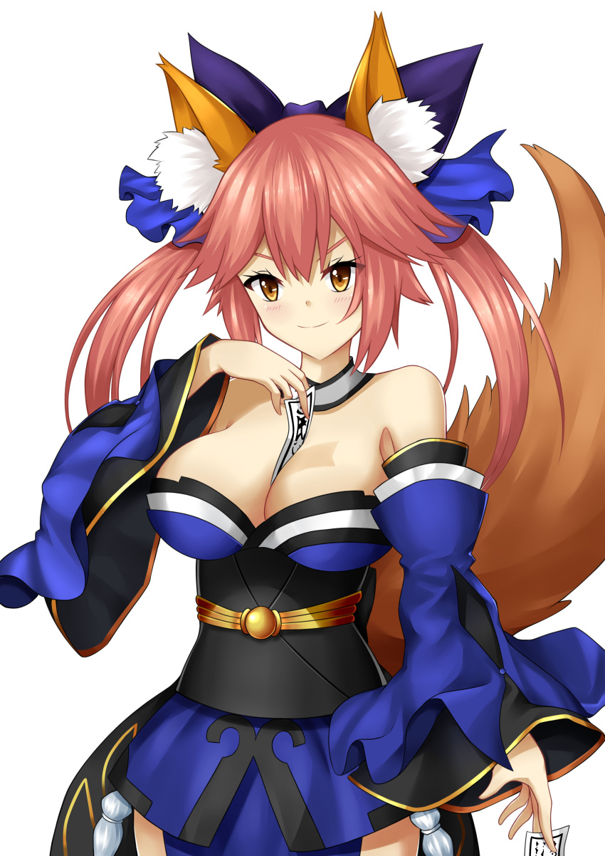 1girl absurdres animal_ears blue_legwear blush breasts cleavage detached_sleeves fate/extra fate/extra_ccc fate/grand_order fate_(series) fox_ears fox_tail hair_ribbon highres japanese_clothes large_breasts pink_hair ribbon simple_background solo tail tamamo_(fate)_(all) tamamo_no_mae_(fate) white_background yan_lie yellow_eyes