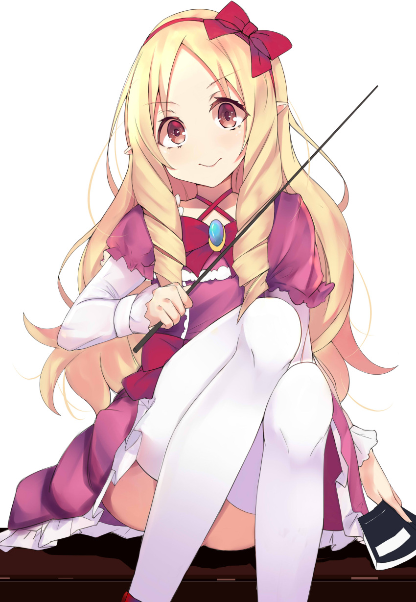 1girl absurdres arm_at_side bangs blonde_hair bow bowtie brooch brown_eyes closed_mouth criss-cross_halter dress drill_hair eromanga_sensei eyebrows_visible_through_hair frilled_dress frilled_skirt frilled_sleeves frills hair_bow hairband halterneck hand_up highres holding jewelry knees_up lolita_fashion long_hair long_sleeves looking_at_viewer lying pantyhose parted_bangs peng_yong pink_dress pointy_ears puffy_short_sleeves puffy_sleeves red_bow red_bowtie red_hairband short_over_long_sleeves short_sleeves sidelocks simple_background sitting skirt smile solo thigh-highs twin_drills white_background white_legwear yamada_elf