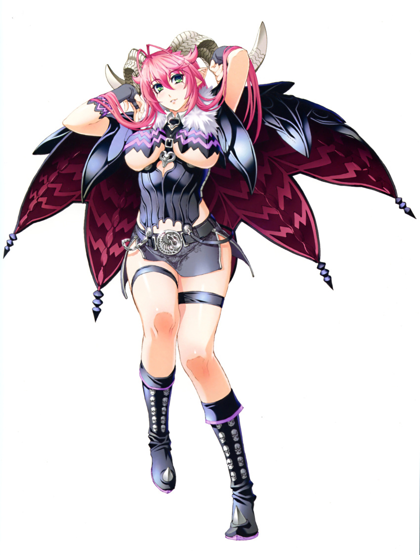 1girl absurdres antenna_hair asmodeus_(the_seven_deadly_sins) bangs belt black_boots black_skirt boots breasts bridal_gauntlets demon_girl demon_horns eyebrows_visible_through_hair full_body fur_trim green_eyes hair_between_eyes highres horns knee_boots large_breasts long_hair looking_at_viewer nishii_(nitroplus) pencil_skirt pink_hair pointy_ears scan simple_background skirt smile solo the_seven_deadly_sins thigh_strap under_boob white_background