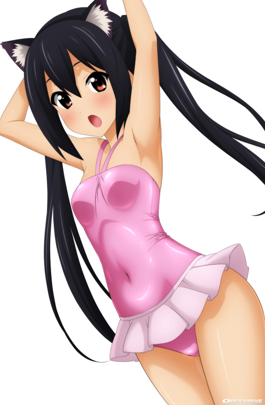 1girl absurdres armpits arms_behind_head black_hair blush breasts brown_eyes casual_one-piece_swimsuit collarbone covered_navel cowboy_shot highres june k-on! long_hair looking_at_viewer nakano_azusa navel one-piece_swimsuit open_mouth pose shiny shiny_clothes simple_background sitting small_breasts solo stomach sugimura_tomokazu swimsuit twintails wariza white_background