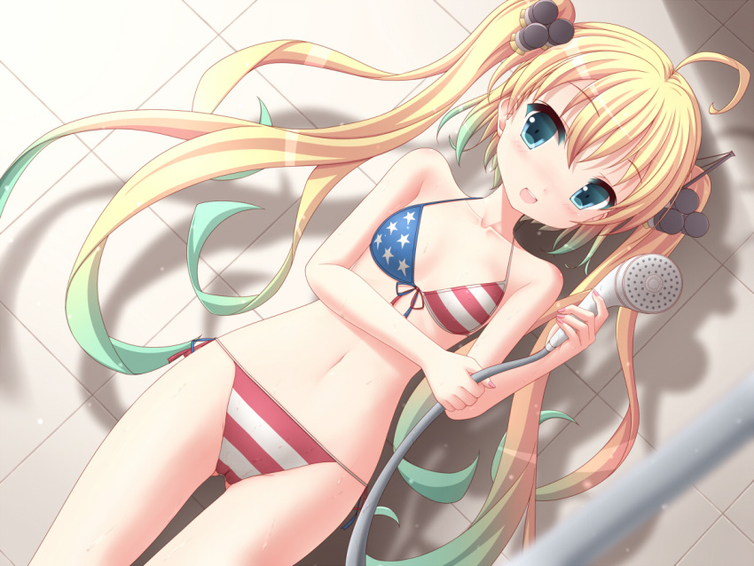 1girl ahoge albacore_(zhan_jian_shao_nyu) american_flag_bikini aqua_eyes bikini blonde_hair blush breasts collarbone dutch_angle flag_print front-tie_bikini front-tie_top gluteal_fold gradient_hair hair_between_eyes halter_top halterneck hand_up holding_shower_head indoors long_twintails looking_at_viewer multicolored_hair navel open_mouth shadow shower_head side-tie_bikini side-tie_bottom small_breasts solo standing swimsuit tile_wall tiles water_pipe yiupui zhan_jian_shao_nyu