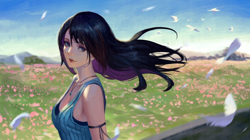 1girl absurdres arm_strap black_hair blue_eyes breasts colored_inner_hair english_commentary feathers female field final_fantasy final_fantasy_viii floating_hair flower flower_field head_tilt highres jewelry looking_at_viewer medium_breasts medium_hair mountain multicolored_hair necklace phamoz pink_flower pink_hair rinoa_heartilly sleeveless smile solo