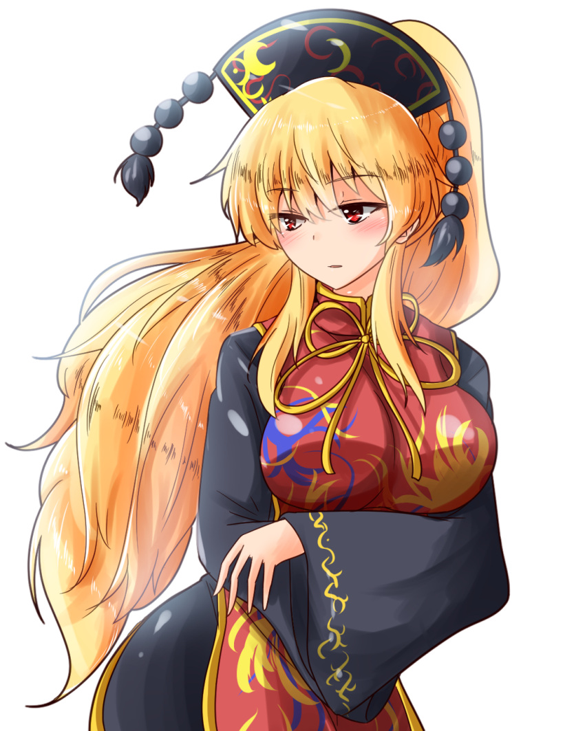 1girl alternate_hairstyle bangs black_dress blush breasts chinese_clothes cowboy_shot dress eyebrows_visible_through_hair hair_between_eyes hat highres hips junko_(touhou) long_hair long_ponytail long_sleeves looking_down looking_to_the_side medium_breasts oshiaki parted_lips red_eyes ribbon shiny shiny_hair sidelocks solo tabard touhou very_long_hair wide_sleeves wind