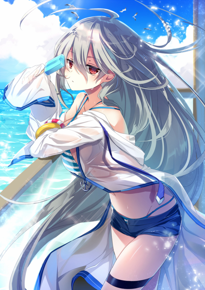 1girl absurdres blush breasts cleavage collarbone denim denim_shorts emia_(castilla) eyebrows_visible_through_hair food highres laevateinn_(phantom_of_the_kill) large_breasts long_hair looking_at_viewer navel parted_lips phantom_of_the_kill popsicle red_eyes shorts silver_hair solo