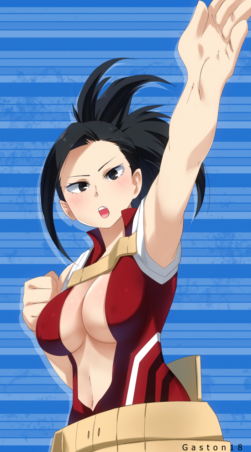 1girl absurdres armpits artist_name black_eyes black_hair blush boku_no_hero_academia breasts center_opening gaston18 highres large_breasts looking_at_viewer navel open_mouth outstretched_arm ponytail sleeveless solo upper_body yaoyorozu_momo