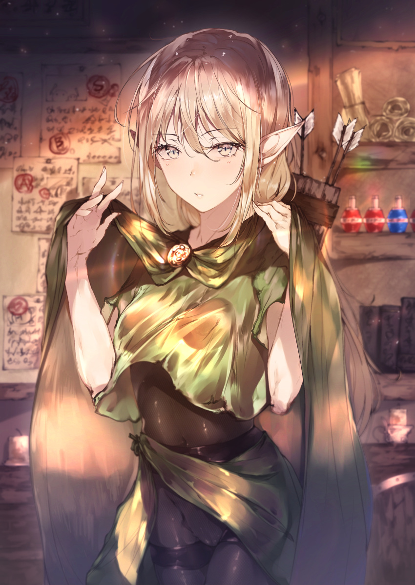 1girl absurdres arrow blonde_hair blush bodysuit bodysuit_under_clothes breasts cloak cowboy_shot elf fishnet_bodysuit fishnets highres hplay indoors large_breasts light_brown_hair long_hair looking_at_viewer navel original pantyhose parted_lips pointy_ears potion quiver see-through solo thighband_pantyhose