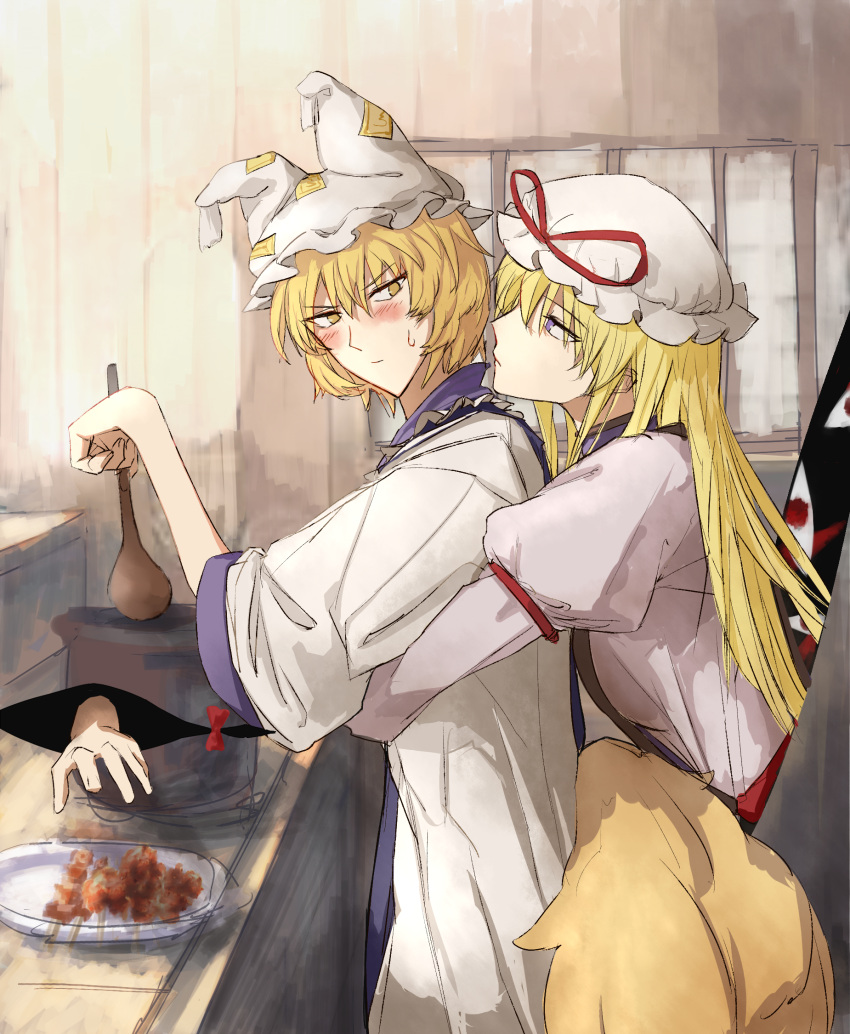 2girls arm_strap bangs blonde_hair breasts chicken_(food) commentary_request cooking cowboy_shot dress expressionless eyes food fox_tail from_side gap hair_between_eyes hat hat_ribbon highres holding holding_spoon hug hug_from_behind indoors jiienu kitchen light_frown long_hair long_sleeves looking_at_another looking_back medium_breasts mob_cap multiple_girls multiple_tails no_pupils pillow_hat pot profile puffy_long_sleeves puffy_sleeves red_eyes ribbon tabard tail touhou very_long_hair violet_eyes white_dress wide_sleeves wooden_spoon yakumo_ran yakumo_yukari yellow_eyes