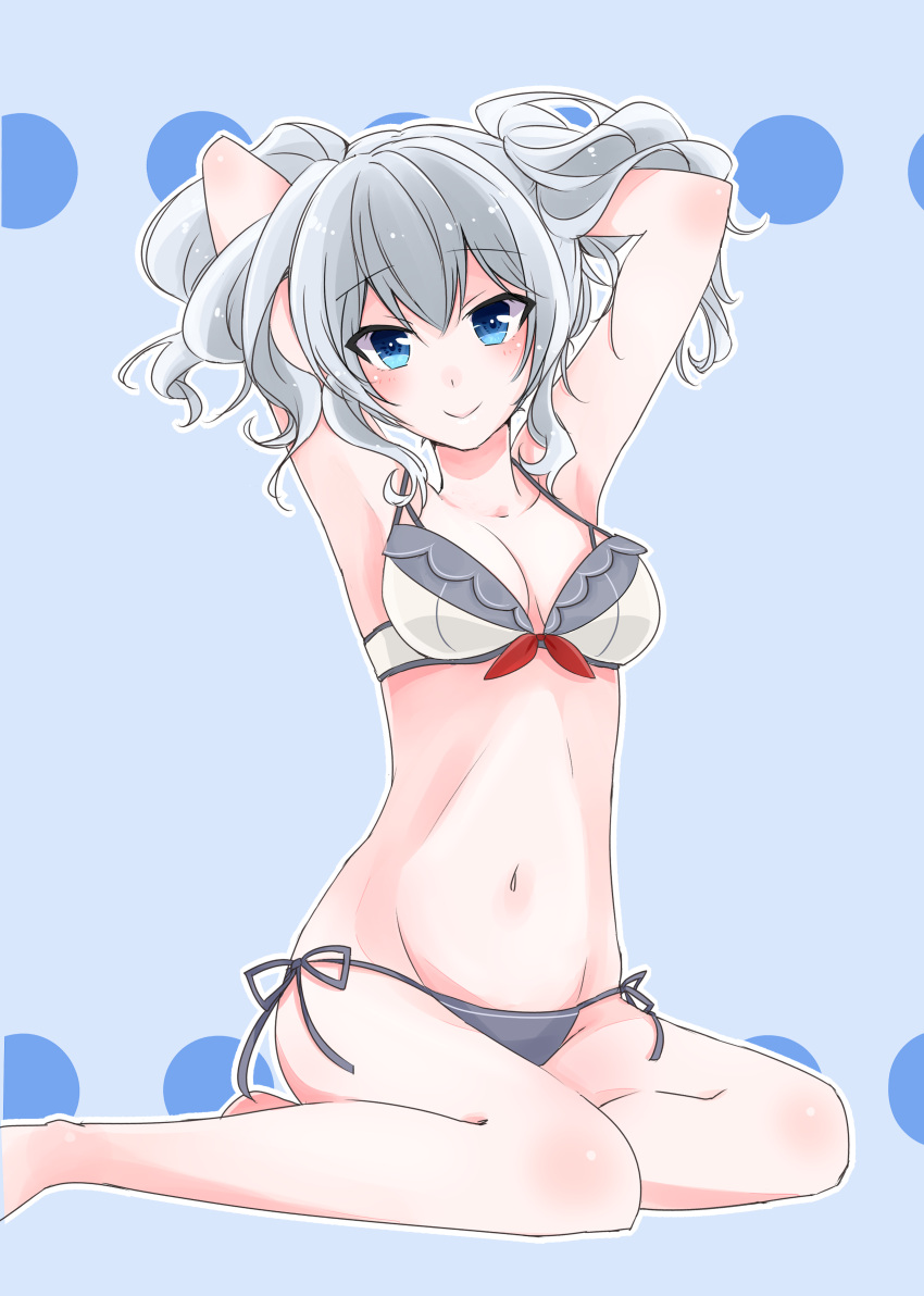 10s 1girl absurdres arms_behind_head artist_request blush breasts cleavage grey_hair groin highres kantai_collection kashima_(kantai_collection) legs long_hair looking_at_viewer medium_breasts navel outline side-tie_bottom sitting smile solo swimsuit white_outline yokozuwari
