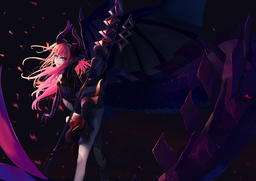 1girl bangs black_background blue_eyes bodysuit claws cleavage_cutout dragon_horns dragon_tail fate/extra fate/extra_ccc fate_(series) from_side grin highres holding holding_weapon horns lance lancer_(fate/extra_ccc) long_hair looking_at_viewer navel_cutout pink_hair pointy_ears polearm skirt smile solo sunga2usagi tail teeth weapon wings