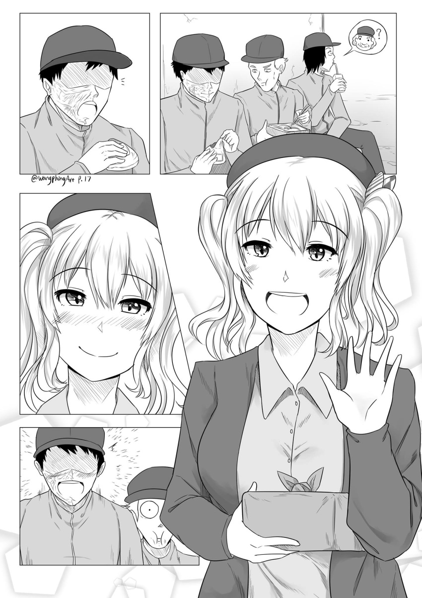 10s 1girl alternate_costume beret burn_scar casual comic commentary hat highres kantai_collection kashima_(kantai_collection) lunchbox multiple_boys robba-san_(wangphing) scar smile twintails wangphing