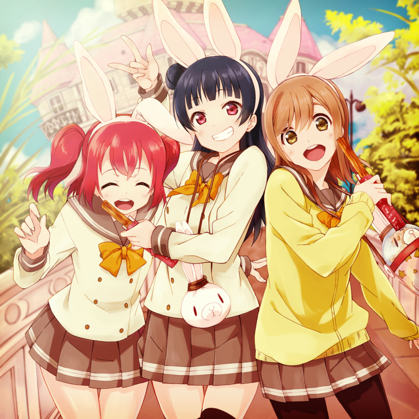 2c=galore 3girls :d animal_ears bangs black_hair bow bowtie brown_hair cardigan churro commentary_request double-breasted fake_animal_ears food gesture grin group_picture hairband highres holding holding_food kunikida_hanamaru kurosawa_ruby long_hair long_sleeves looking_at_viewer love_live! love_live!_sunshine!! miniskirt multiple_girls open_mouth pantyhose pleated_skirt pouch rabbit_ears red_eyes redhead school_uniform serafuku side_bun skirt smile tsushima_yoshiko two_side_up uranohoshi_school_uniform yellow_bow yellow_bowtie yellow_eyes