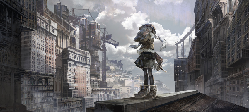 1girl absurdres black_legwear clouds crane eyebrows_visible_through_hair goggles goggles_on_head grey_skirt hair_over_one_eye highres july_(shichigatsu) long_hair looking_at_viewer original pantyhose red_eyes scenery skirt solo white_hair