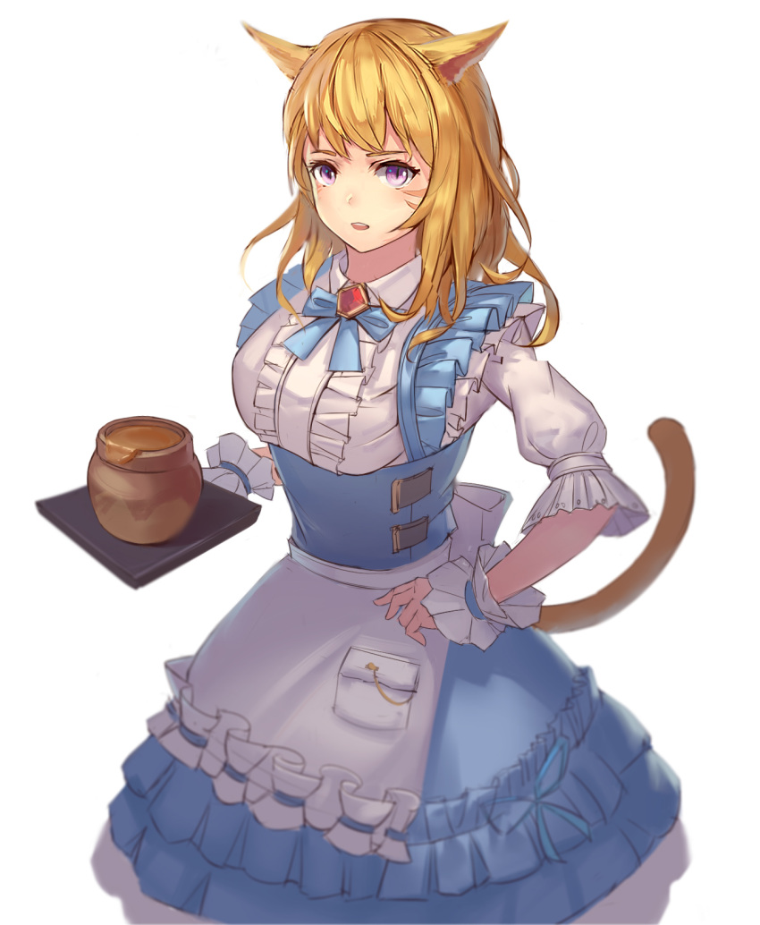 1girl animal_ears blonde_hair breasts cat_ears cat_tail doren final_fantasy final_fantasy_xiv highres large_breasts maid miqo'te parted_lips puffy_short_sleeves puffy_sleeves short_hair short_sleeves solo tail violet_eyes