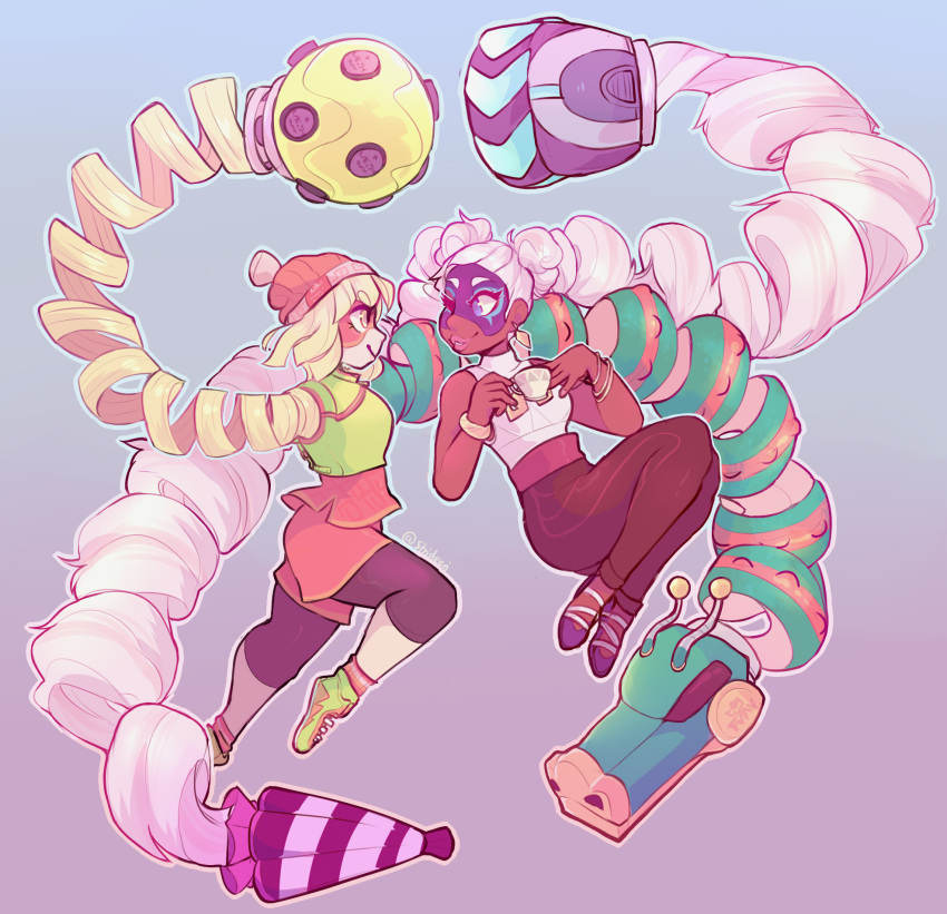 2girls arms_(game) ass bare_shoulders beanie bike_shorts blonde_hair boxing_gloves breasts chinese_clothes dark_skin domino_mask dragon_(arms) drill_hair earrings facepaint food green_eyes hair_ribbon hat highres jewelry leggings legwear_under_shorts lips long_hair mask min_min_(arms) multiple_girls noodles pants pink_hair ribbon short_hair shorts smile twin_drills twintails twintelle_(arms) very_long_hair