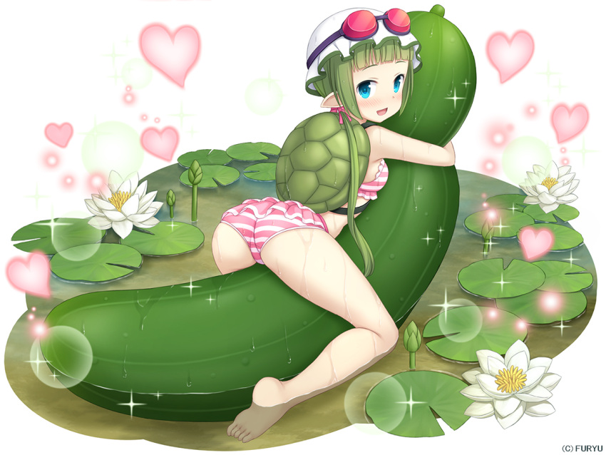 1girl :d ass bangs bare_legs bare_shoulders barefoot bikini blue_eyes blunt_bangs blush breasts company_name cucumber flower frilled_bikini frills from_behind full_body goggles goggles_on_head green_hair heart kappa kappa_kosui light_particles lily_pad long_hair looking_at_viewer looking_back lotus monmusume-harem monster_girl namaru_(summer_dandy) object_hug official_art open_mouth oversized_object pink_bikini pink_ribbon pointy_ears pond ribbon sidelocks simple_background sitting small_breasts smile solo sparkle striped striped_bikini swimsuit tareme trefoil turtle_shell water_drop wet white_background