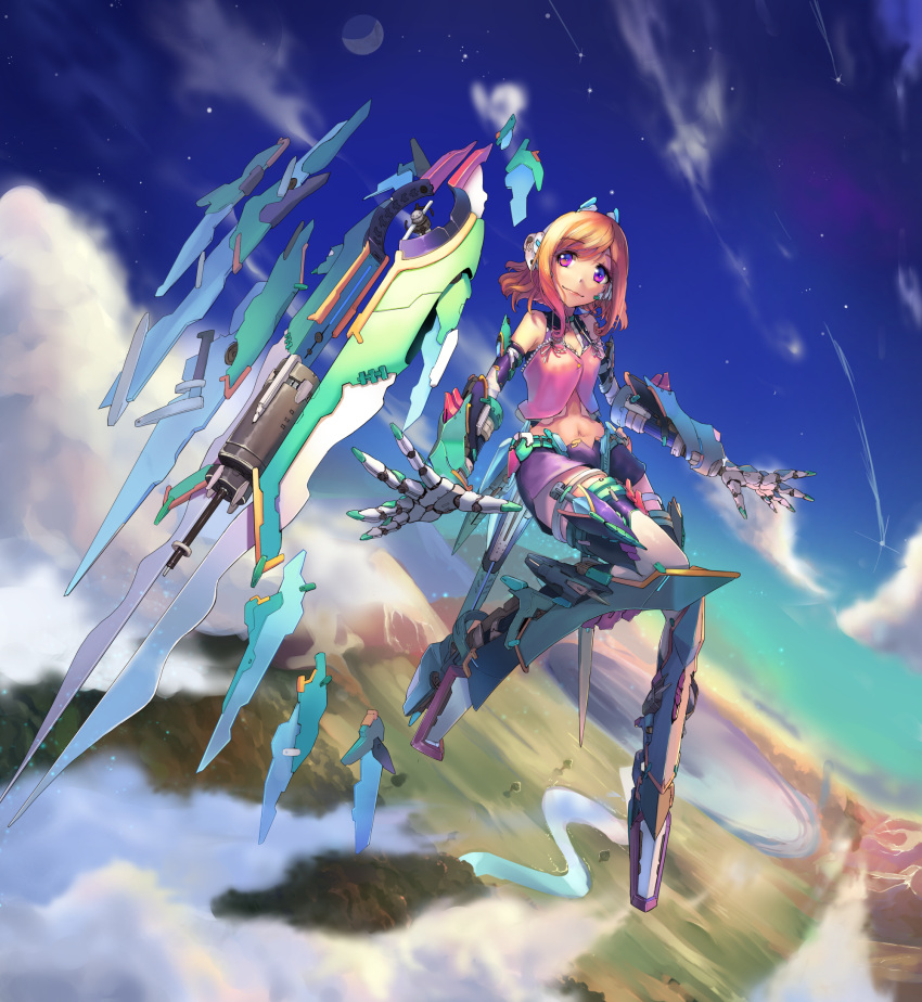 1girl above_clouds armor bangs blonde_hair blue_sky buttons clouds crescent crop_top eyebrows_visible_through_hair floating_object flying gradient_sky headgear highres horizon lake landscape looking_at_viewer mecha_musume mechanical_arms mechanical_parts midriff mountain navel night night_sky original outstretched_arms river shooting_star short_hair sky smile solo star_(sky) sunga2usagi violet_eyes