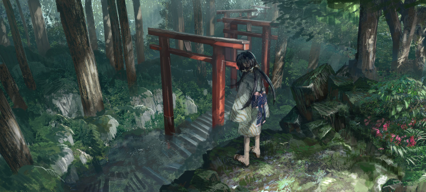 1girl absurdres black_hair flower forest from_behind highres july_(shichigatsu) long_hair nature original outdoors plant sandals scenery solo stairs torii tree