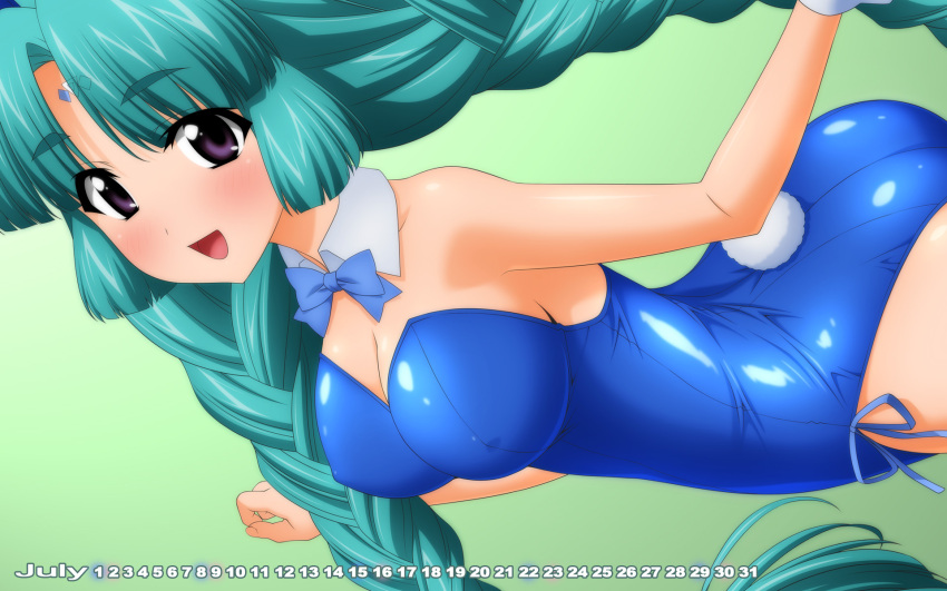 1girl aqua_hair ass blue_leotard blush braid breasts bunny_girl bunny_tail calendar canal_vorfeed cleavage collarbone cowboy_shot detached_collar detached_sleeves facial_mark forehead_mark green_background green_hair highres july large_breasts leotard long_hair looking_at_viewer lost_universe shiny shiny_clothes shiny_hair shiny_skin simple_background smile solo sugimura_tomokazu tail twin_braids violet_eyes