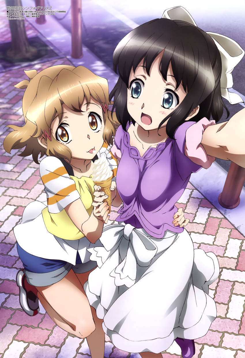 2girls :o :p absurdres aqua_eyes arm_up bare_legs black_hair blue_shorts blush bow breasts brown_eyes casual collarbone denim denim_shorts female food friends from_above hair_bow hair_ornament highres holding holding_food holding_ice_cream hug ice_cream kohinata_miku legs light_brown_hair looking_at_another looking_at_viewer looking_up medium_breasts megami multiple_girls official_art open_mouth outdoors purple_clothes self_shot senki_zesshou_symphogear shiny shiny_hair shoes short_hair short_sleeves shorts skirt smile sneakers standing standing_on_one_leg striped striped_clothes striped_sleeves tachibana_hibiki_(symphogear) tongue white_bow white_skirt yellow_clothes yuri