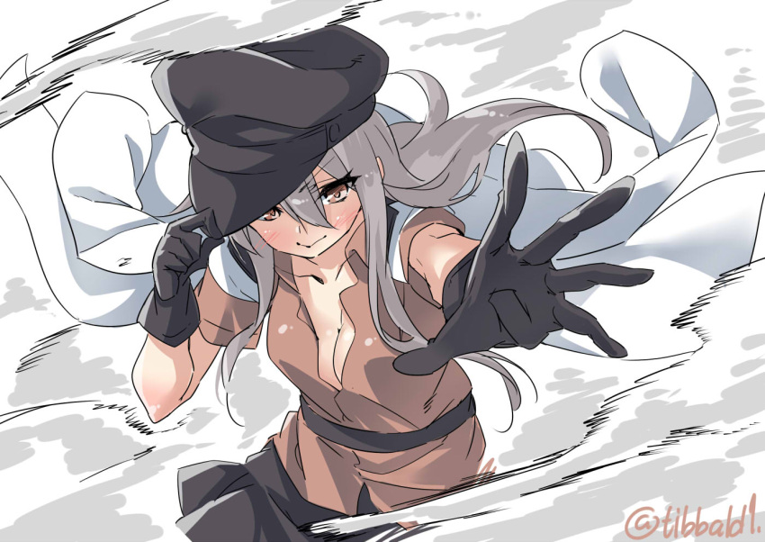 10s 1girl bangs black_gloves black_hat black_skirt blush breasts brown_eyes cleavage closed_mouth collarbone cowboy_shot ebifurya eyebrows_visible_through_hair gangut_(kantai_collection) gloves grey_hair hair_between_eyes hand_on_headwear hand_up hat jacket jacket_on_shoulders kantai_collection long_hair looking_at_viewer medium_breasts miniskirt no_bra peaked_cap reaching_out short_sleeves sidelocks skirt smoke solo twitter_username white_jacket