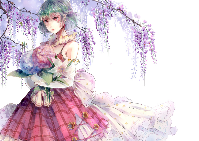 1girl absurdres alternate_costume alternate_hairstyle bangs bare_shoulders bouquet braid breasts cowboy_shot detached_collar dress earrings elbow_gloves facial_mark floral_print flower flower_request french_braid gloves green_hair hair_between_eyes highres holding holding_bouquet hydrangea jewelry kamigakushi_no_cho_sakura kazami_yuuka layered_dress lipstick looking_down makeup plaid plaid_dress red_dress red_eyes red_lips red_lipstick red_pupils shiny shiny_hair shiny_skin short_dress short_hair simple_background smile solo sunflower touhou tree white_background white_dress white_gloves wisteria