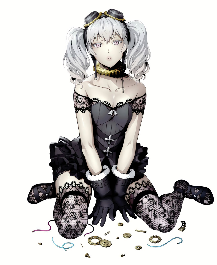 1girl black_dress black_gloves black_legwear bolt breasts cleavage dress frilled_skirt frills full_body gears gloves goggles goggles_on_head gothic_lolita highres lace lace-trimmed_thighhighs lavender_eyes lolita_fashion long_hair looking_at_viewer nine_(super_robot_wars) official_art parted_lips screw simple_background sitting skirt small_breasts solo super_robot_wars_v thigh-highs twintails wariza watanabe_wataru white_background white_hair wire