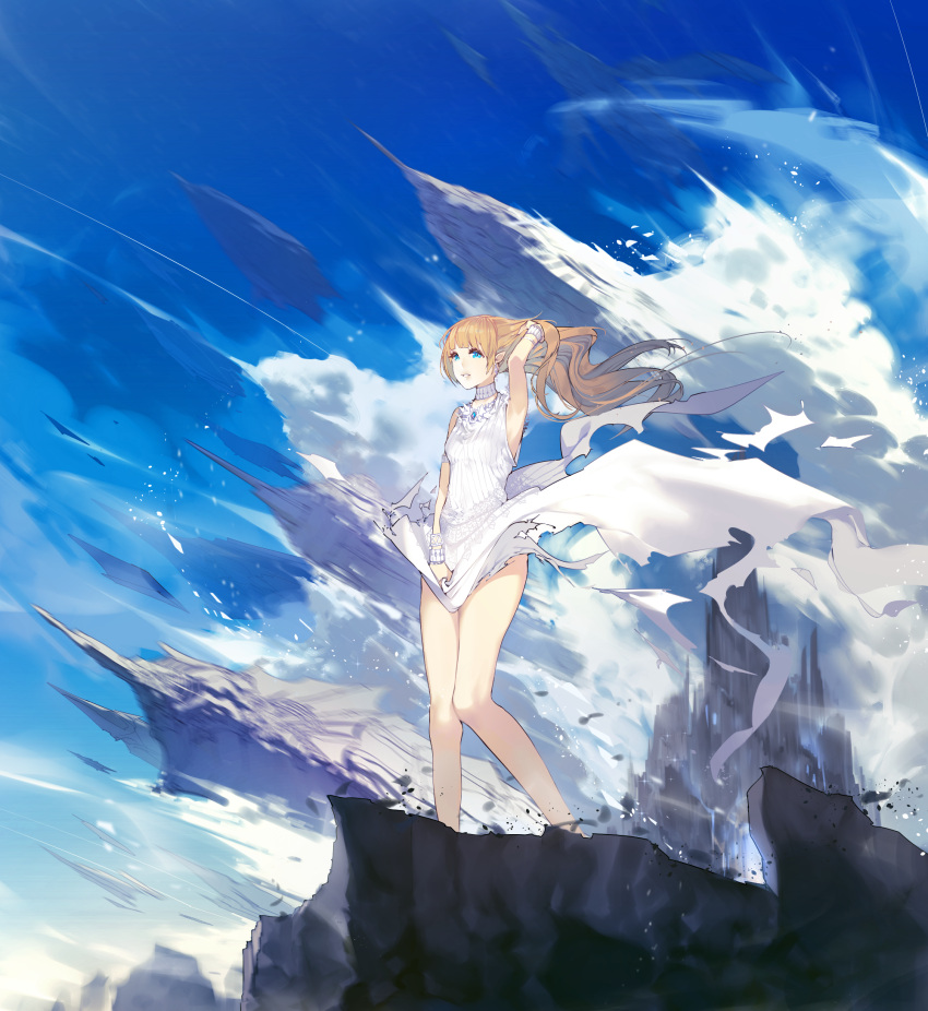 1girl ajahweea bangs bare_legs bare_shoulders blonde_hair blue_eyes blue_sky blunt_bangs bracelet breasts clothes_tug clouds cloudy_sky day dress dress_tug earrings floating_hair full_body gem hair_tousle hand_in_hair highres holding_dress holding_skirt jewelry long_hair looking_at_viewer original outdoors parted_lips pointy_ears rock skirt skirt_lift sky sleeveless sleeveless_dress small_breasts solo standing stone torn_clothes torn_dress white_dress wind wind_lift