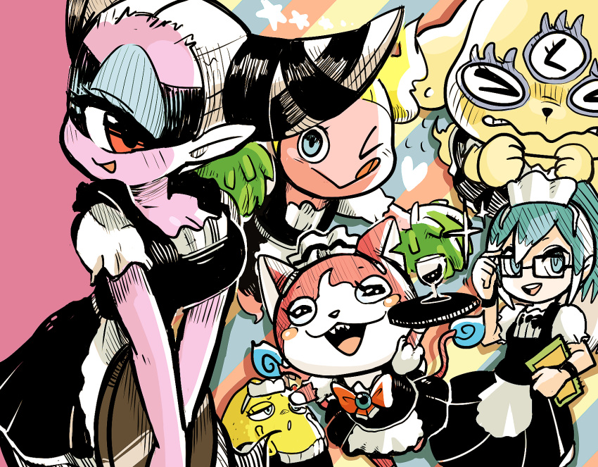 &gt;_&lt; 3girls ashitagirl blonde_hair blue_eyes breasts cat cleavage closed_eyes cup demonade drinking_glass fubukihime fuumin_(youkai_watch) glasses half-closed_eyes heart high_ponytail highres licking_lips maid multiple_girls multiple_tails notched_ear one_eye_closed pink_skin pom_poms sailornyan satori-chan sparkle star tail tongue tongue_out tory_(tory29) tray two_tails youkai youkai_watch