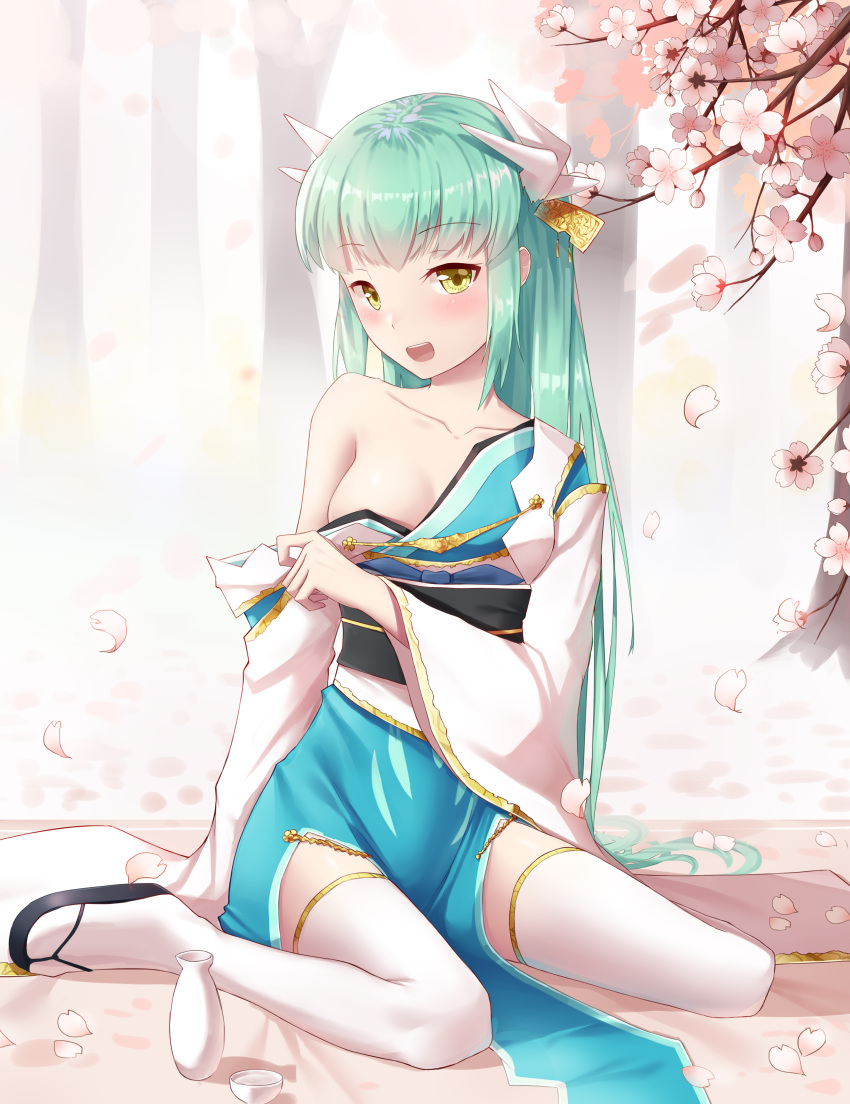 1girl absurdres aqua_hair bangs blue_kimono blush bottle branch breasts cherry_blossoms collarbone commentary_request eyebrows_visible_through_hair fate/grand_order fate_(series) fog full_body hair_ornament highres horns japanese_clothes ji_dao_ji kimono kimono_pull kiyohime_(fate/grand_order) long_hair long_sleeves looking_at_viewer medium_breasts obi off_shoulder open_mouth petals sake_bottle sandals sash shadow shiny shiny_hair sitting smile solo thigh-highs tree very_long_hair wariza white_legwear wide_sleeves yellow_eyes