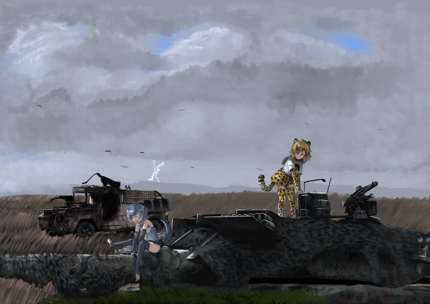 3girls ;d animal_ears bare_shoulders blonde_hair bow bowtie clouds cloudy_sky day elbow_gloves feet fingerless_gloves full_body fur_collar gloves gradient_hair grass grey_hair ground_vehicle jaguar_(kemono_friends) jaguar_ears jaguar_print kemono_friends leaning_forward leg_up leggings looking_down military military_vehicle motor_vehicle multicolored_hair multiple_girls one_eye_closed open_mouth otter_ears otter_tail outdoors savannah scenery serval_(kemono_friends) serval_ears shirt short_hair short_sleeves sitting skirt sky small-clawed_otter_(kemono_friends) smile standing standing_on_object tail tank thigh-highs thunder toes truck two-tone_hair white_hair wind