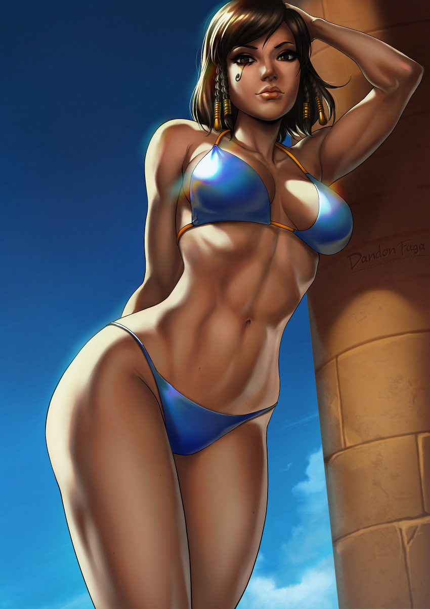 1girl abs absurdres artist_name bangs bare_arms bare_legs bare_shoulders bikini black_hair blue_bikini blue_sky braid breasts breasts_apart brown_eyes cleavage closed_mouth clouds cowboy_shot dandon_fuga dark_skin day eye_of_horus eyelashes eyeliner facebook_username facial_mark facial_tattoo hair_tubes hand_on_head highres huge_filesize large_breasts legs_together lips looking_at_viewer makeup midriff navel nose outdoors overwatch patreon_reward pharah_(overwatch) short_hair side_braids sky solo standing stomach strap_gap string_bikini swimsuit tattoo toned watermark web_address