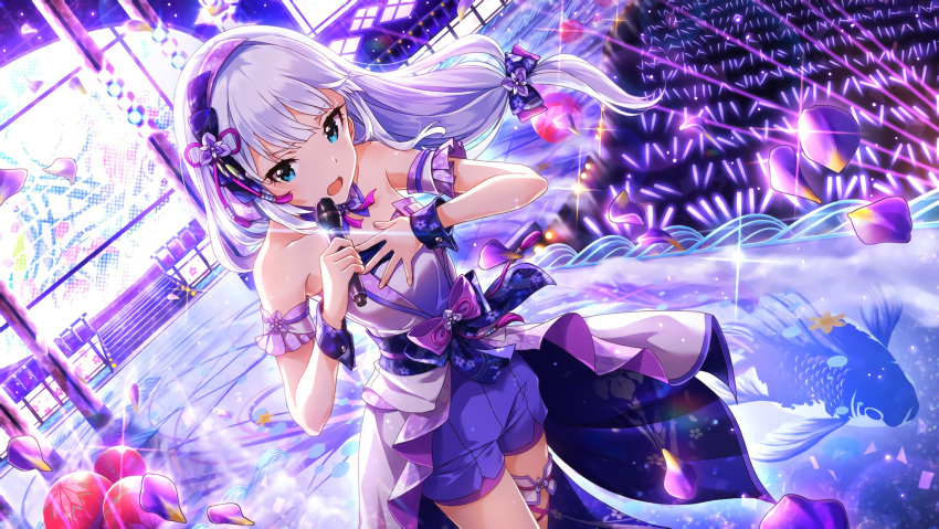 1girl artist_request bangs bare_shoulders blue_eyes bow collarbone fish frills hair_bow hair_ornament highres holding idol idolmaster idolmaster_million_live! idolmaster_million_live!_theater_days long_hair looking_at_viewer microphone music official_art petals shiraishi_tsumugi shorts silver_hair singing sleeveless solo stage strapless wrist_cuffs