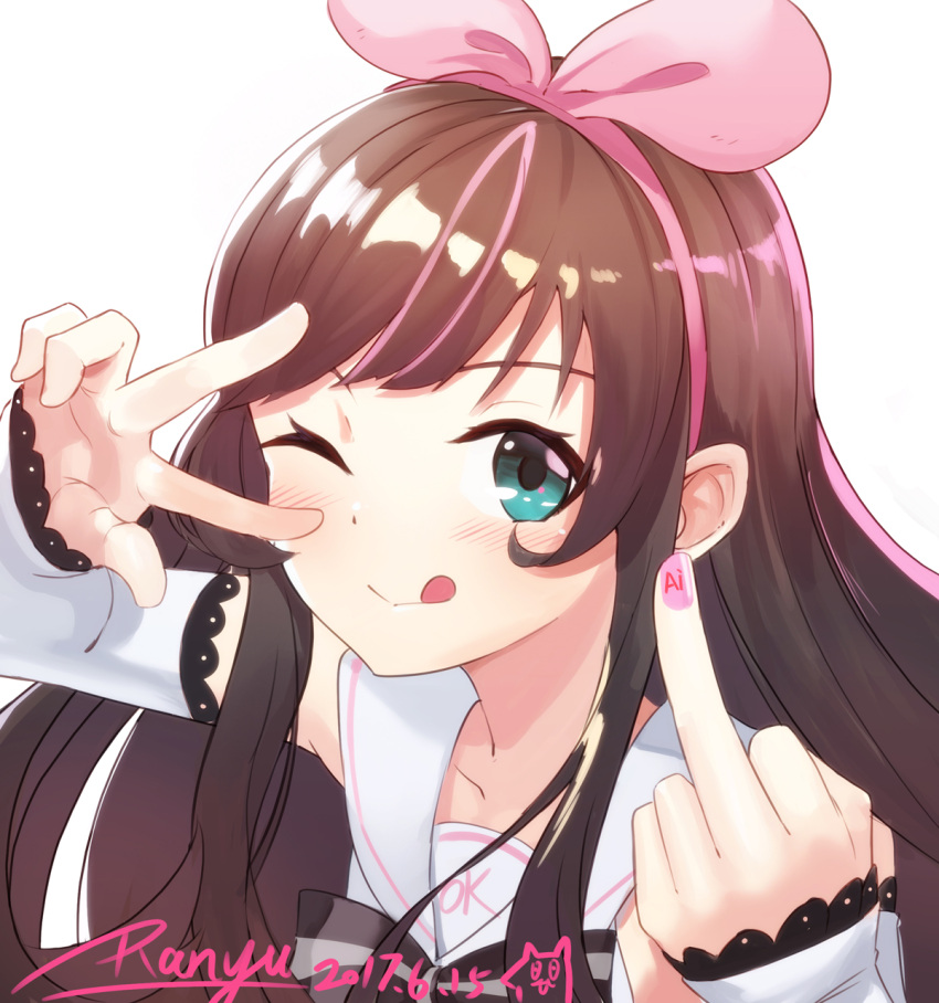 1girl a.i._channel artist_name blush brown_hair collarbone dated green_eyes highres kizuna_ai looking_at_viewer middle_finger nail_polish one_eye_closed pink_nails ranyu signature sketch smile solo tongue tongue_out upper_body v