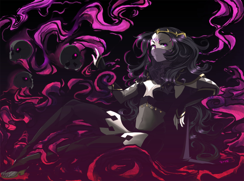 1girl black_hair breasts cape cleavage cleavage_cutout elbow_gloves fire_emblem fire_emblem_if gloves jewelry long_hair looking_at_viewer nyx_(fire_emblem_if) skull solo tempe thigh-highs tiara veil violet_eyes