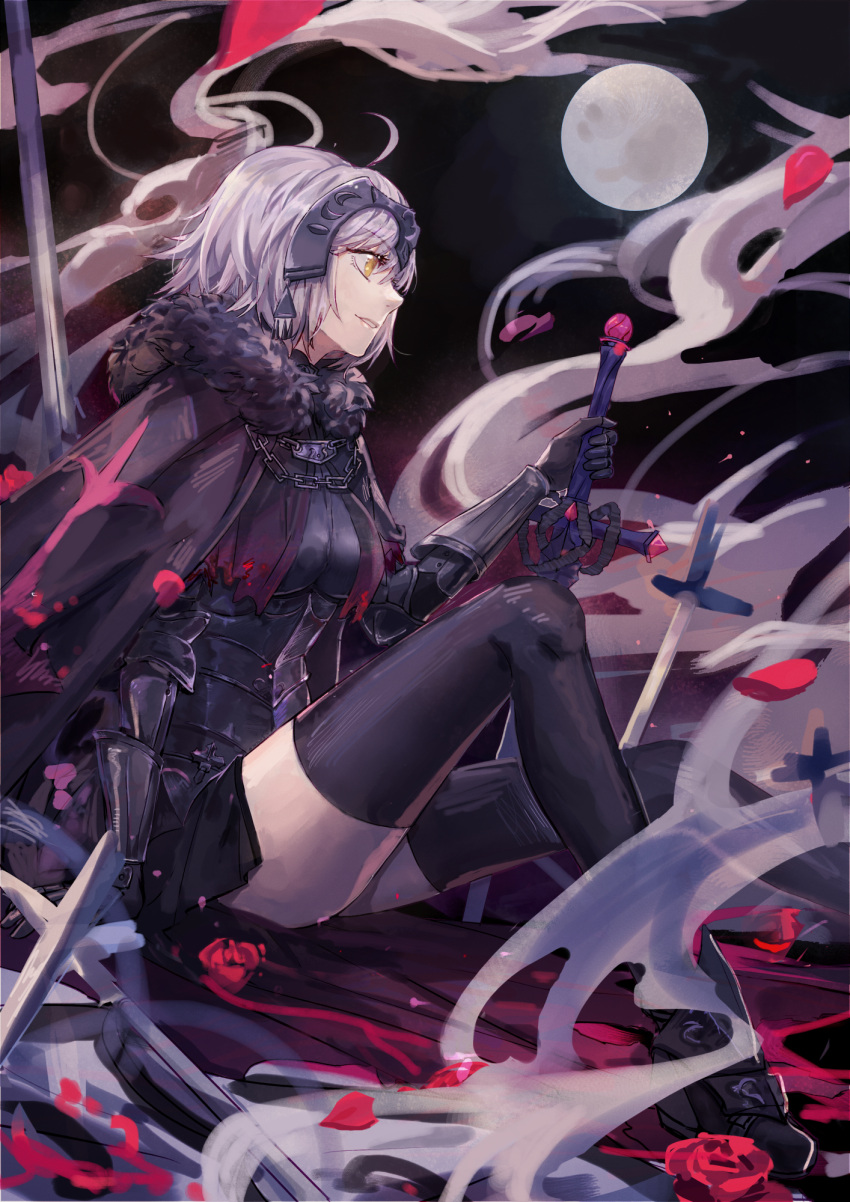 1girl ahoge armor armored_dress black_gloves black_legwear capelet chains elbow_gloves fate/grand_order fate_(series) flower fur_trim gauntlets gloves grey_hair headpiece highres holding holding_sword holding_weapon jeanne_alter mento moon planted_sword planted_weapon rose ruler_(fate/apocrypha) short_hair sitting smile solo sword weapon yellow_eyes