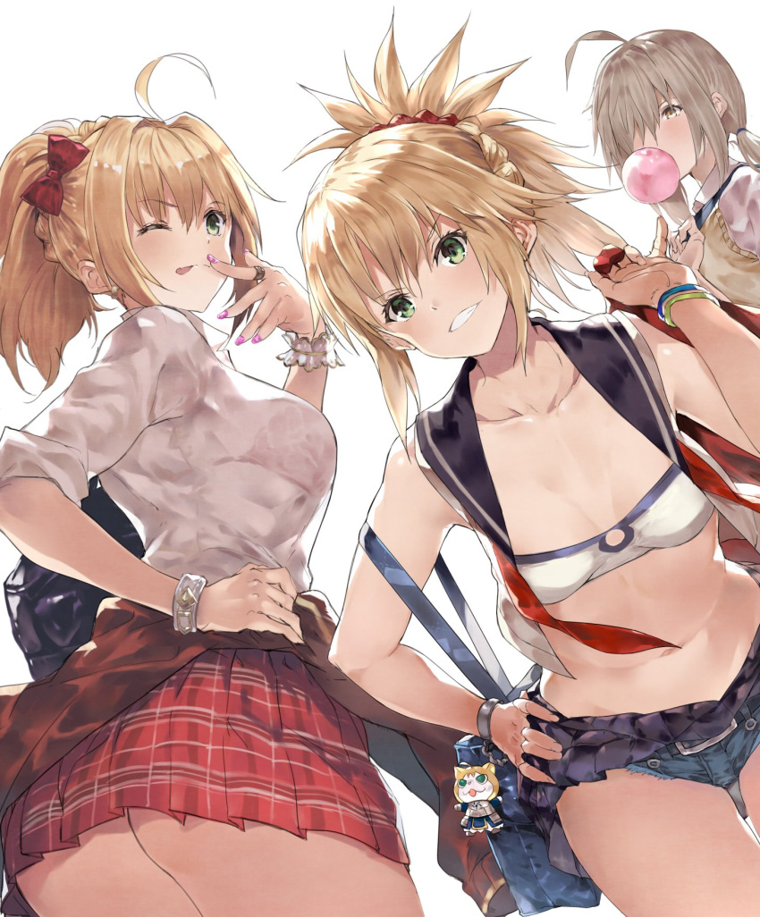 3girls ;p ahoge alternate_costume alternate_hairstyle ass bag_charm blonde_hair bow bra bracelet braid breasts bubble_blowing cardigan_around_waist cowboy_shot crown_braid denim denim_shorts dutch_angle fate/apocrypha fate/extra fate_(series) green_eyes grin hair_bow highres jewelry light_brown_hair medium_breasts midriff multiple_girls nail_polish navel one_eye_closed open_clothes open_shirt pinky_out plaid plaid_skirt pleated_skirt ponytail ring saber_extra saber_of_red sailor_collar school_uniform see-through shirt short_shorts shorts shoulder_blades simple_background skirt small_breasts smile strap_slip strapless tokopi tongue tongue_out tubetop underwear white_background wrist_cuffs