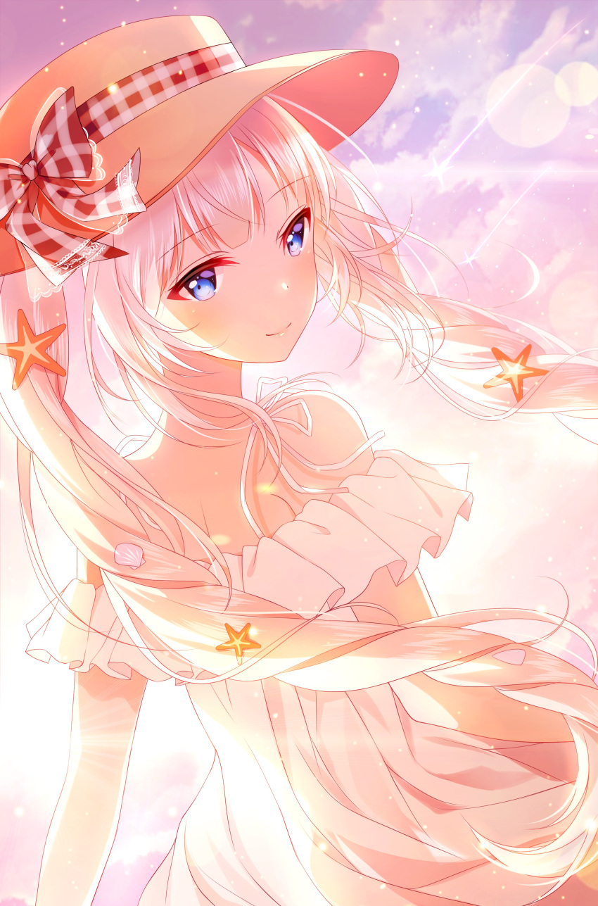 1girl absurdres bangs blue_eyes dress fate/grand_order fate_(series) from_behind hair_ornament hat highres junpaku_karen light_particles long_hair looking_at_viewer marie_antoinette_(fate/grand_order) outdoors seashell shell shooting_star sky smile solo star star_(sky) star_hair_ornament starry_sky sun_hat white_dress white_hair