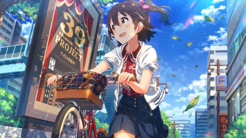 1girl artist_request bag bangs bicycle bicycle_basket blue_sky blush brown_eyes brown_hair building city clouds day ground_vehicle hair_ornament hairclip highres hood hoodie idolmaster idolmaster_million_live! idolmaster_million_live!_theater_days kasuga_mirai leaf looking_to_the_side official_art one_side_up open_mouth outdoors pleated_skirt puffy_short_sleeves puffy_sleeves short_hair short_sleeves skirt sky smile solo sunlight tree