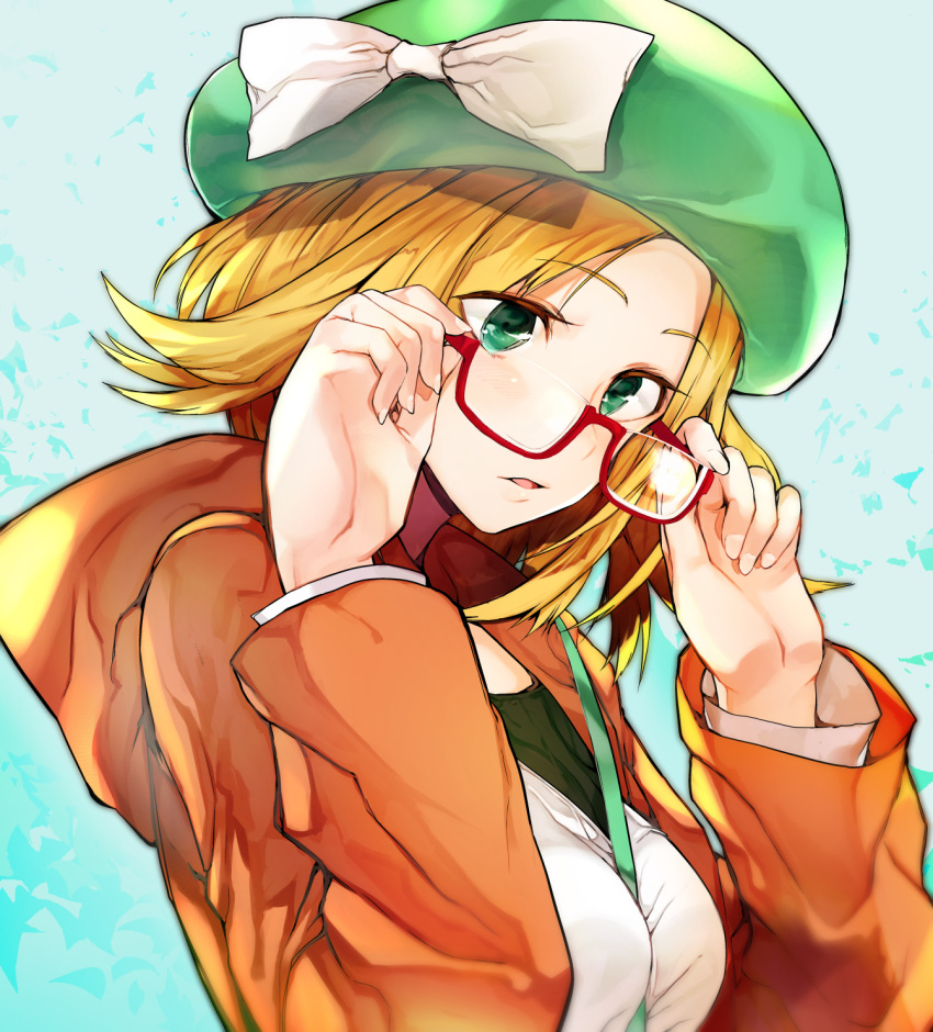 1girl adjusting_glasses aqua_background bangs bel_(pokemon) between_breasts blonde_hair bow breasts expressionless fingernails garakuta glasses green_eyes green_hat hands_up hat hat_bow highres hood hood_down hooded_jacket jacket large_breasts long_sleeves looking_away looking_down open_clothes open_jacket over_shoulder parted_bangs parted_lips pokemon pokemon_(game) pokemon_bw2 red-framed_eyewear red_jacket semi-rimless_glasses solo strap_cleavage under-rim_glasses upper_body white_bow