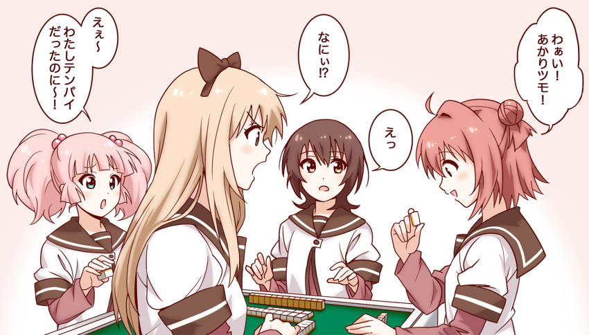 4girls :d ahoge akaza_akari blonde_hair blue_eyes board_game bow brown_eyes brown_hair funami_yui hair_bobbles hair_bow hair_bun hair_intakes hair_ornament highres long_hair mahjong mahjong_table mahjong_tile multiple_girls nanamori_school_uniform open_mouth pink_hair redhead school_uniform serafuku short_hair smile speech_bubble suzushiro_(suzushiro333) toshinou_kyouko translation_request twintails yoshikawa_chinatsu yuru_yuri