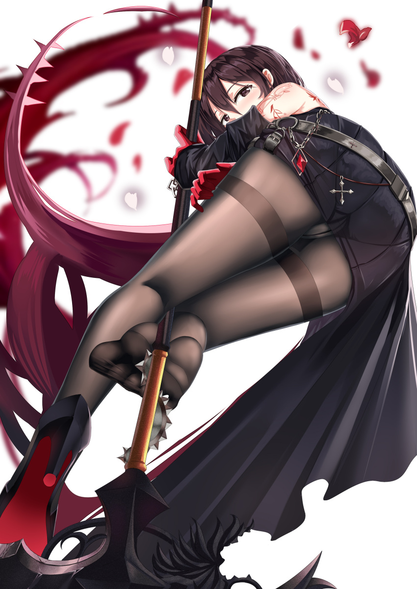 1girl absurdres ass bare_shoulders beltskirt between_legs black_dress black_hair black_legwear blurry brown_eyes brown_hair chains crotch_seam depth_of_field dress dungeon_and_fighter foreshortening from_behind from_below gatari highres holding holding_weapon legs looking_at_viewer looking_back pantyhose petals soles solo thighband_pantyhose thighs toes weapon