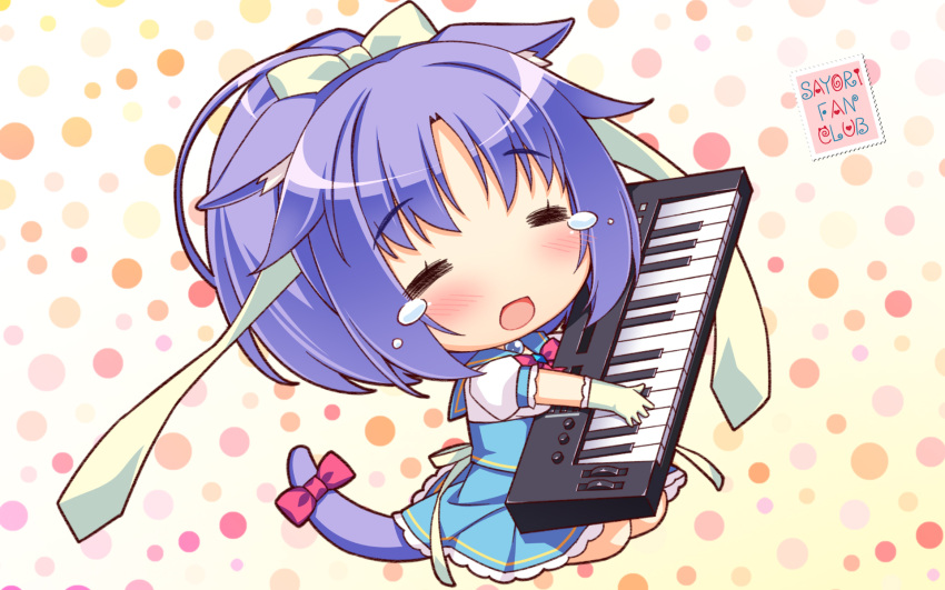 1girl :d =_= animal_ears artist_name blush bow cat_ears cat_tail chibi cinnamon_(sayori) closed_eyes eyebrows_visible_through_hair gloves hair_ribbon highres instrument long_hair nekopara open_mouth ponytail puffy_short_sleeves puffy_sleeves purple_hair ribbon sayori short_hair short_sleeves smile solo synthesizer tail tail_bow tears wallpaper |d