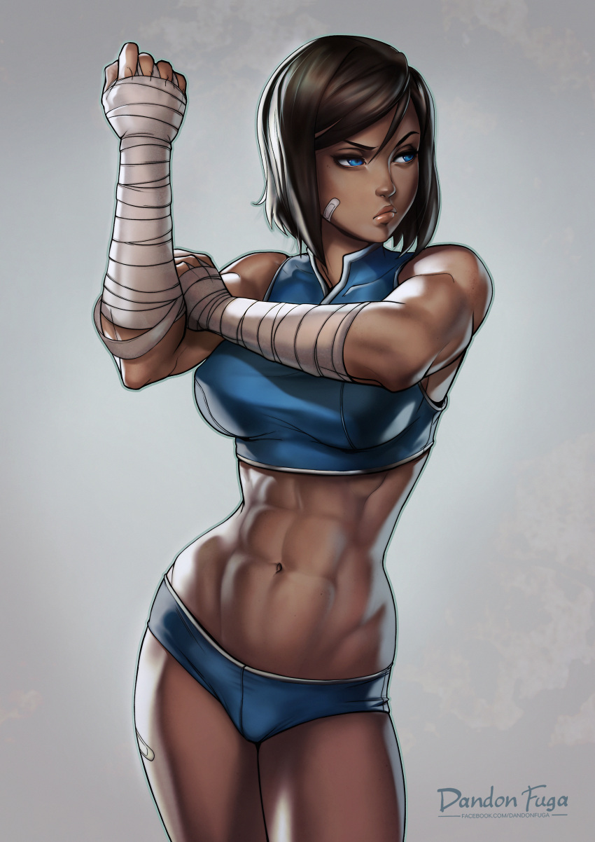 1girl abs absurdres avatar_(series) bandage bandaged_arm bandaid bandaid_on_face bare_shoulders breasts buruma clenched_hand closed_mouth collar contrapposto cowboy_shot crop_top dandon_fuga dark_skin facebook_username hair_between_eyes hand_on_own_arm hand_up highres holding_arm huge_filesize korra large_breasts legs_together lips looking_afar looking_to_the_side midriff muscle muscular_female navel patreon_reward serious short_hair solo sportswear standing stomach the_legend_of_korra watermark web_address